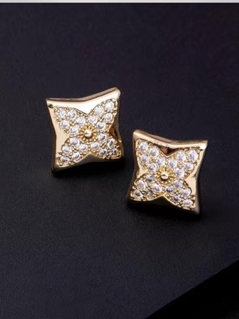 Gold Crystal Floral Square Stud Earrings - Women Jewelry